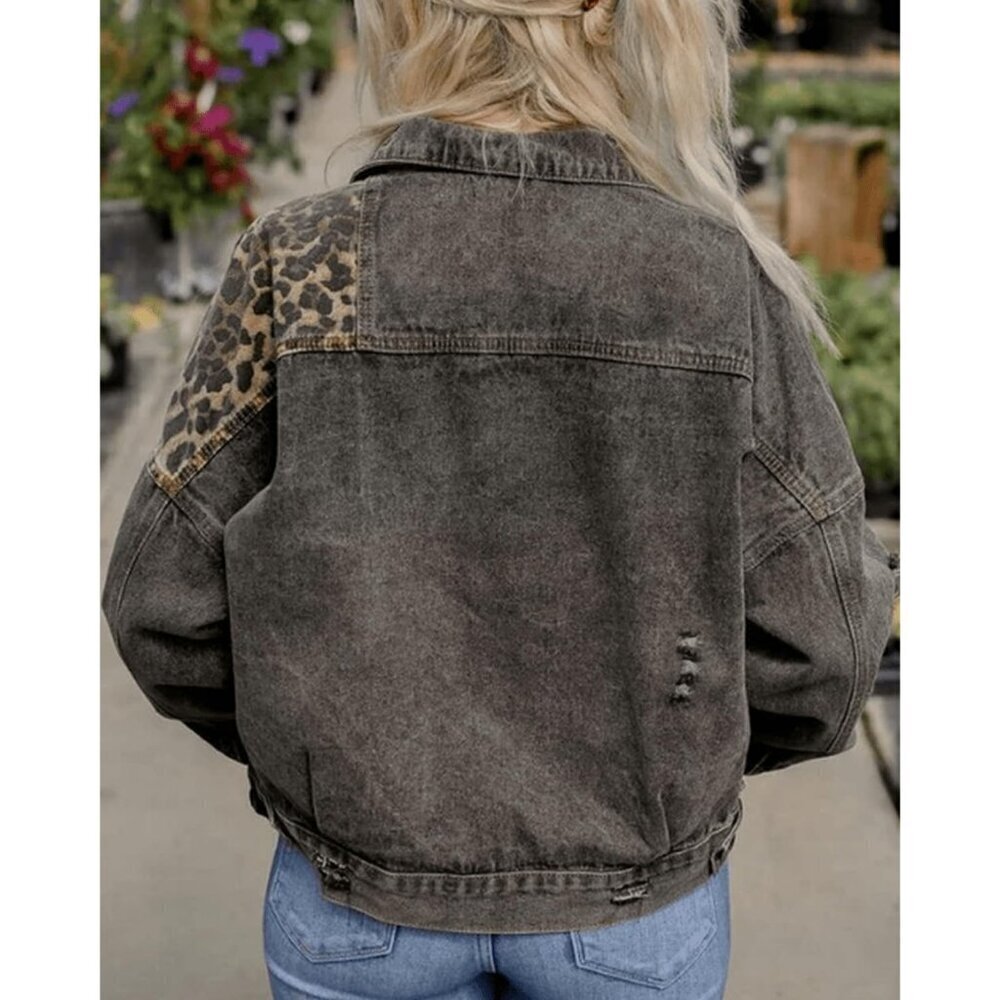Women's Loose Button Down Cropped Denim Jacket Long Sleeves Cheetah Grey - Picture 6 of 6